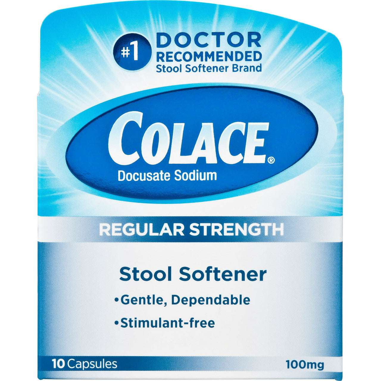 Colace Docusate Sodium 100 Mg Stool Softener Regular Strength Capsules, 10 Ea